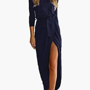 Qearal Women Short/3/4 Sleeve Belted Dress Elastic Waist Slit Long Maxi Dress
